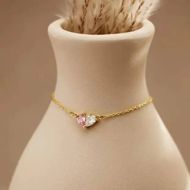 AS668 Heart-shaped Two Birthstones Bracelet Personalized DIY Stainless Steel Bracelet Couple Gift