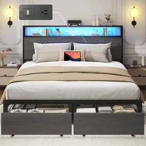 Rustic Grey Metal Platform Bed with Storage Drawers, 2-Tier Headboard, USB Charging & LED Lights, Noise-Free Design for Queen & Full Size Bedrooms