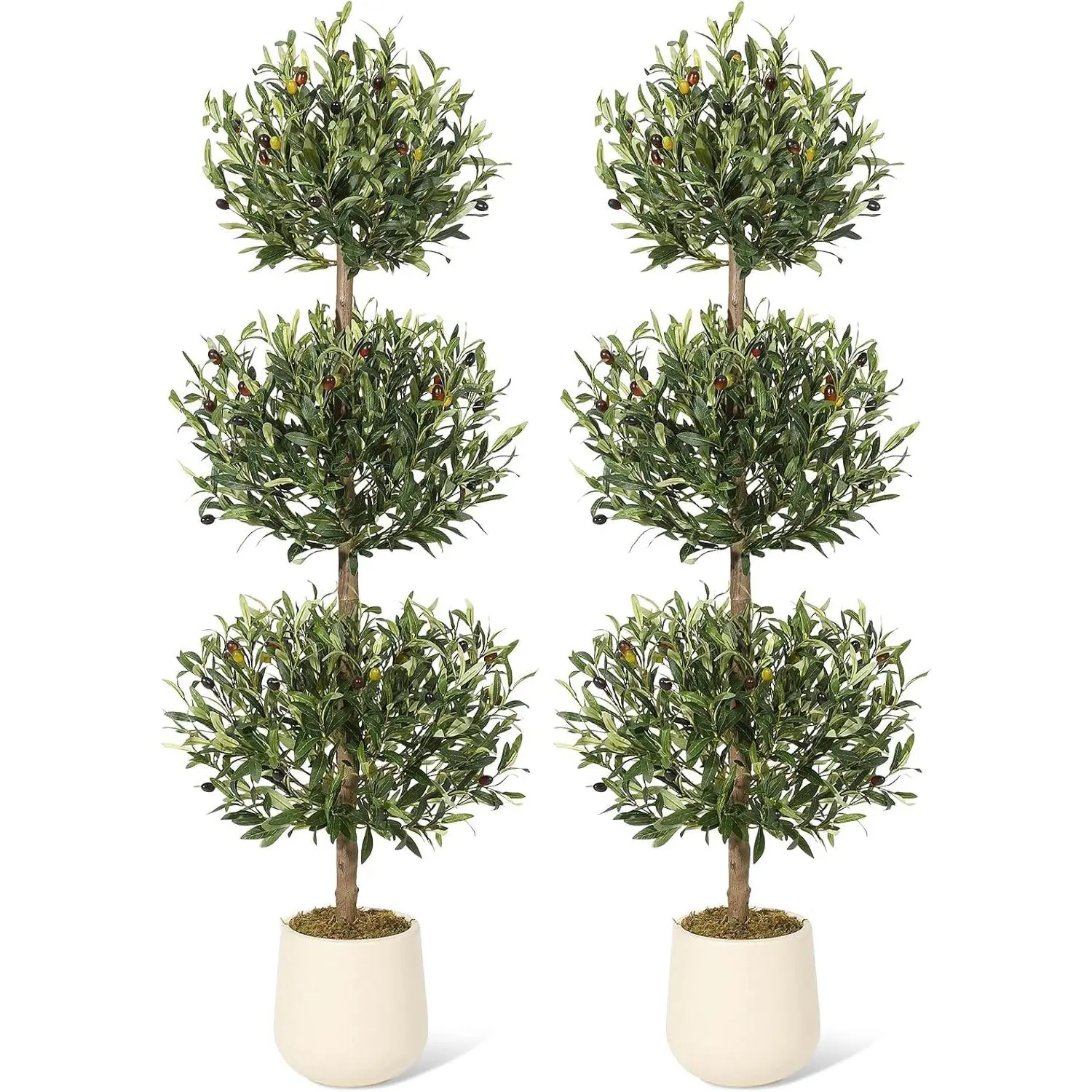 5FT Artificial Olive Tree Set of 2 - Triple Ball Topiary, UV Resistant, Indoor Outdoor Faux Plant with Moss & Pot