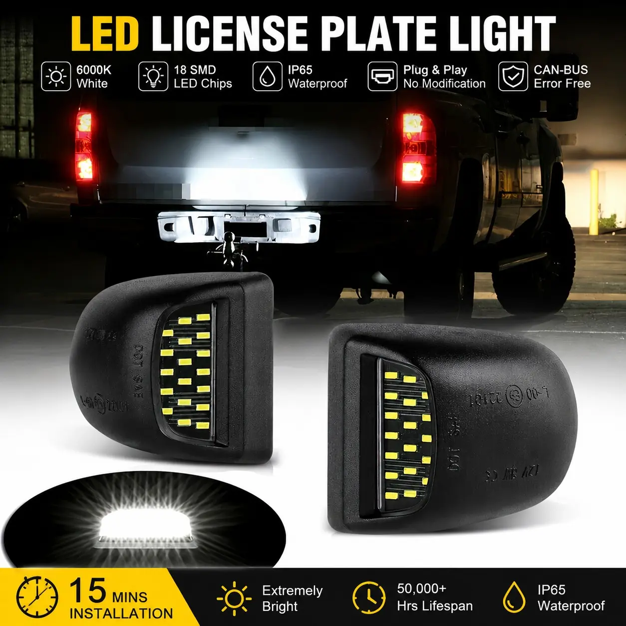 💡🚗 2pcs LED License Plate Lights | Compatible with Chevrolet Silverado 1500/2500/3500/Suburban/Tahoe, GMC Sierra Yukon XL 18PCS 3014 SMD 6000K White LED License Plate Lights, 300% Brighter CANBUS Error-Free IP65 Waterproof Non-Polarity Plug & Play