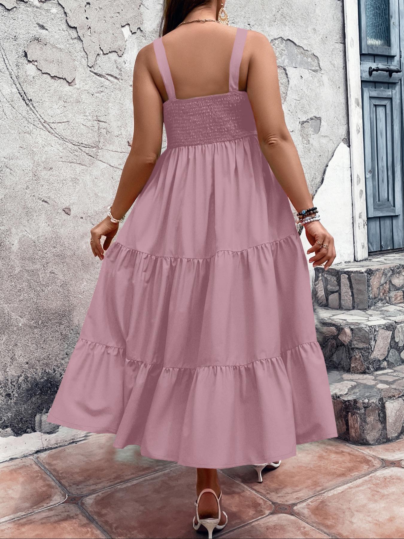 Women's Plus Size Solid Bohemian Shirred Tiered Layer Cami Dress, Elegant Ruffle Hem High Waist A-line Dress for Beach Holiday, Women's Clothes for All Seasons