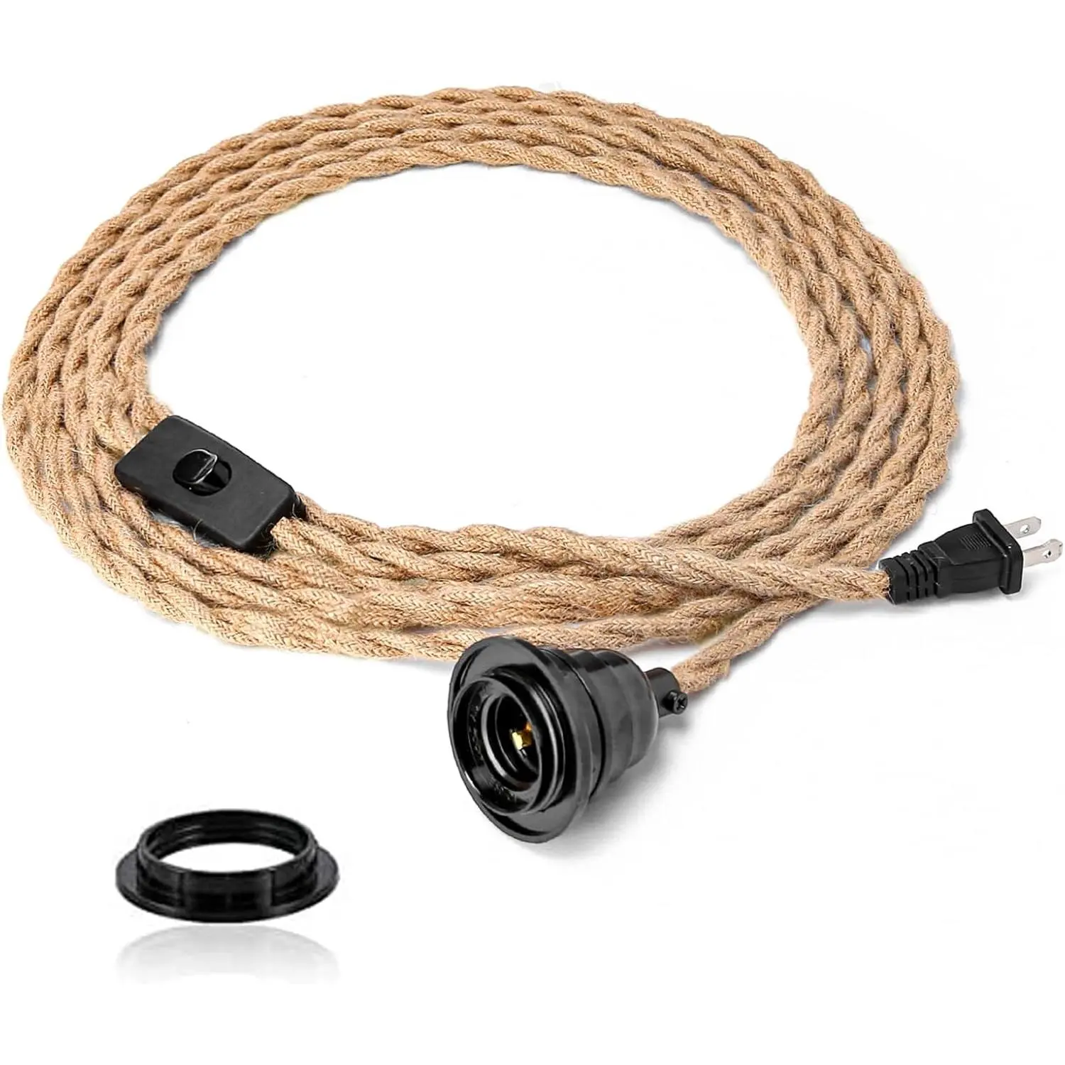 Plug in Pendant Light Cord - 15FT Industrial Hanging Light Kit, Hanging Lights with Plug in Cord With 15FT Hemp Rope, Hanging Lamp Kit with On/Off Switch,E26 E27 Light Socket, Bulb NOT Included