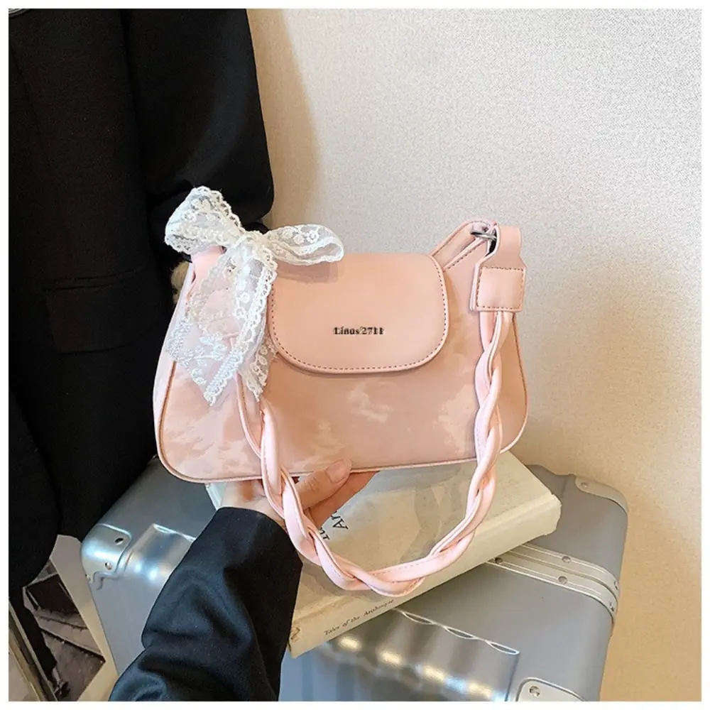Elegant Pink Lace Bow Baguette Shoulder Bag for Women, Aesthetic Designer Underarm Bag, New Trendy Tie-dye Texture Handbag, Versatile Casual Crossbody Purse, Fashion Ladies Top Handle Satchel