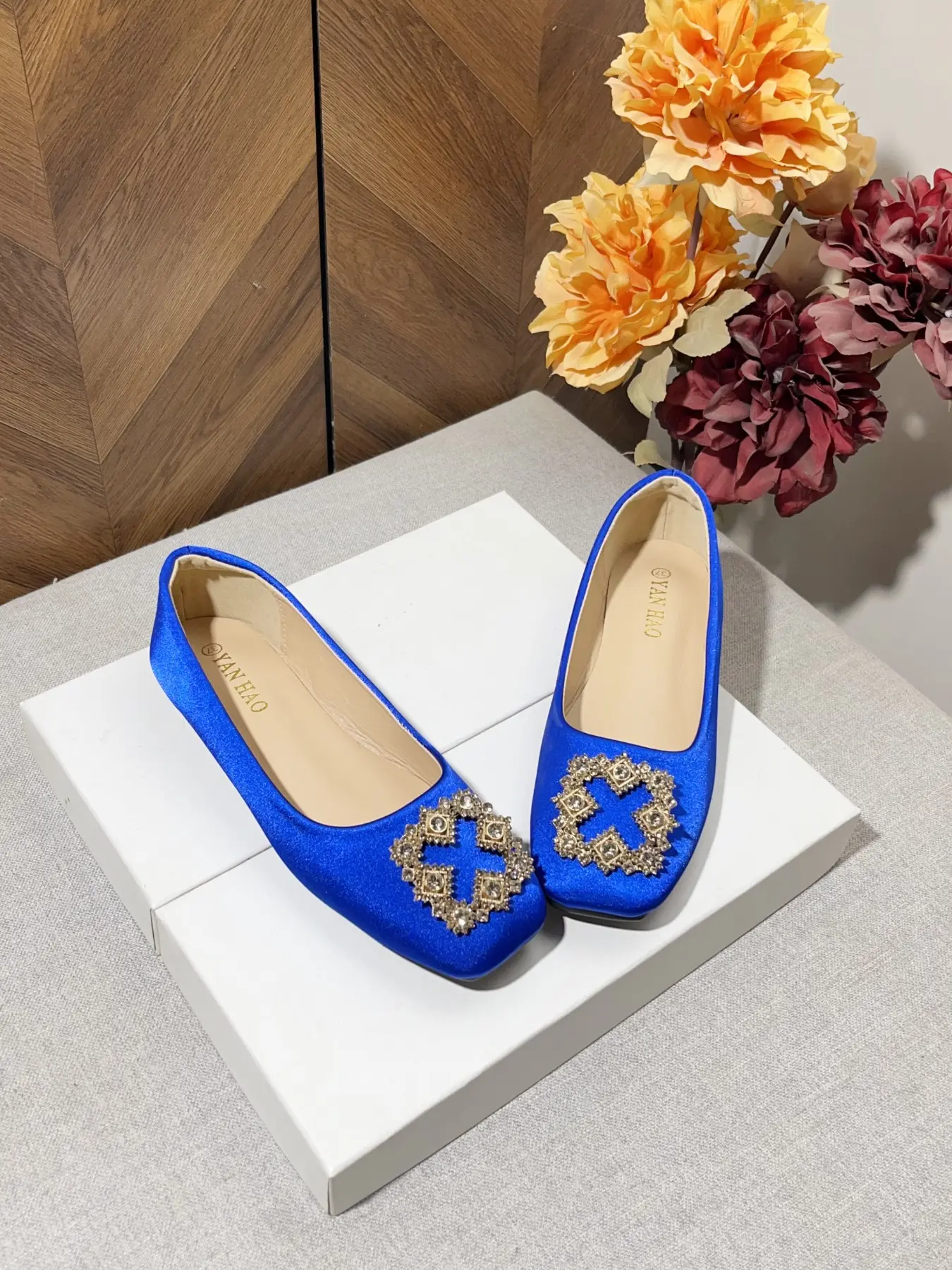 Women's Blue Satin Square Toe Flat Shoes, Rhinestone Metal Buckle, Comfortable Soft Sole, Casual Dress Shoes, All Seasons