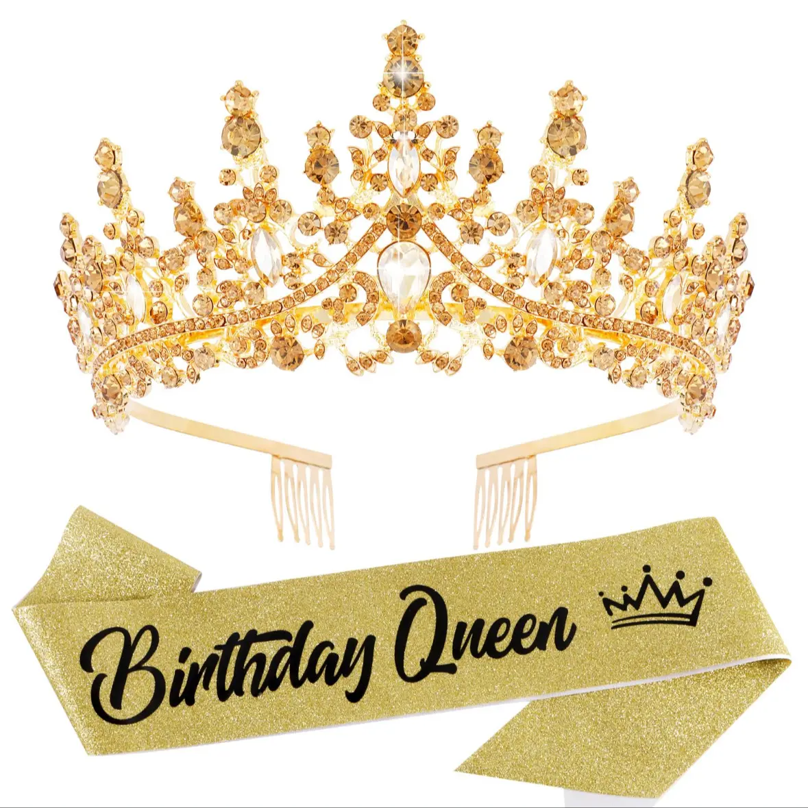 Women's Baroque Rhinestone Accessory Set, Shiny Birthday Queen Crown Tiara and Sash Hair Accessories for Parties, Elegant Events, Western Fashion Accessory Sets