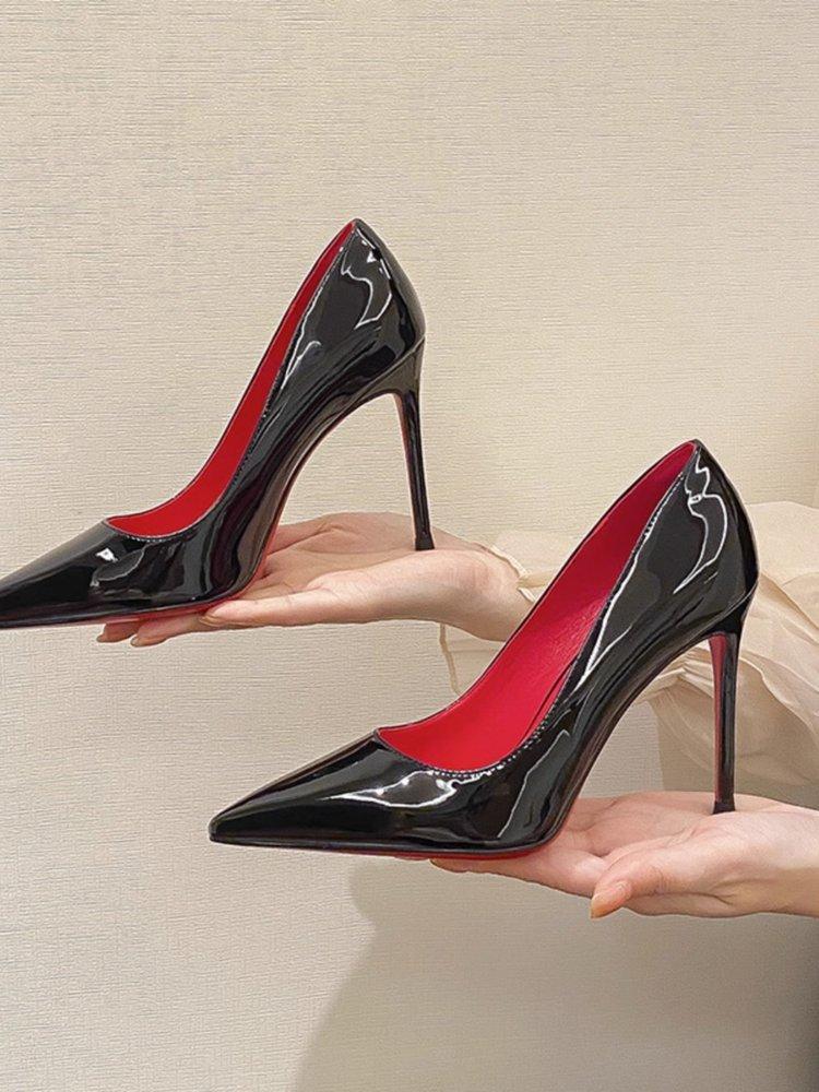 Spring Black Red Sole High Heels Women Pointed Toe Thin Heel Sexy Glossy Elegant Single Shoes Patent Leather Women Shoes
