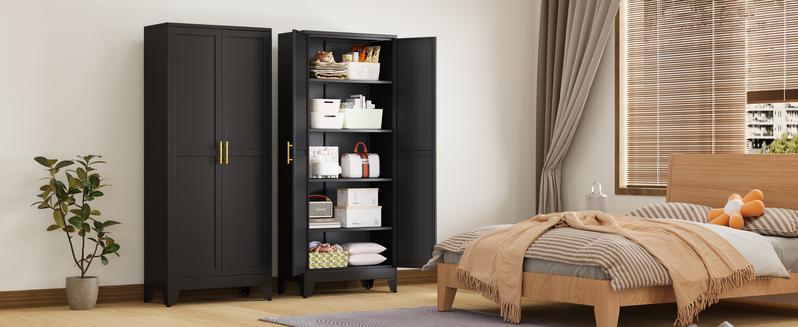 Metal Pantry Cabinet with 2 Doors and Adjustable Shelves - 71" Kitchen Storage Cabinet with Gold Handles - Versatile Storage for Kitchen, Bathroom, Dining Room, Utility Room - White