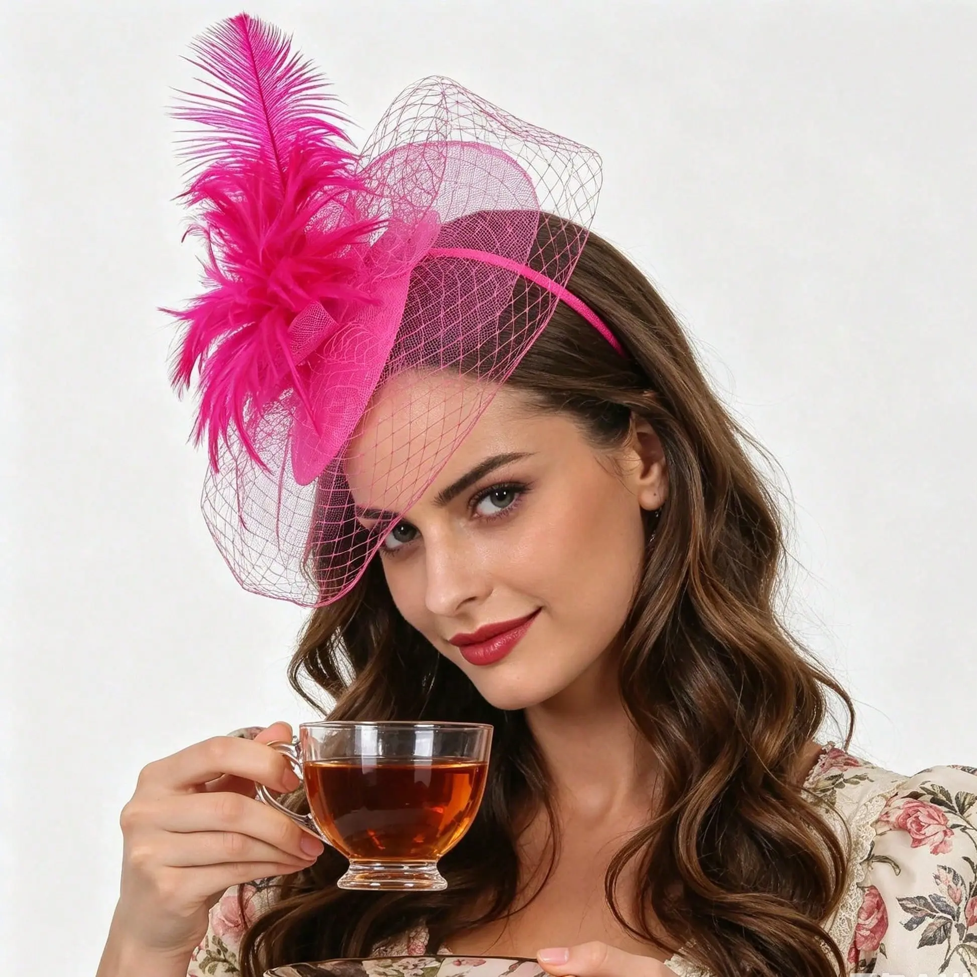 Women's Plain Polyester Mix Fuchsia Fascinator Hat - Feather, Mesh Net Veil, Vintage Floral Headpiece for Weddings, Races, Cocktail Tea Parties