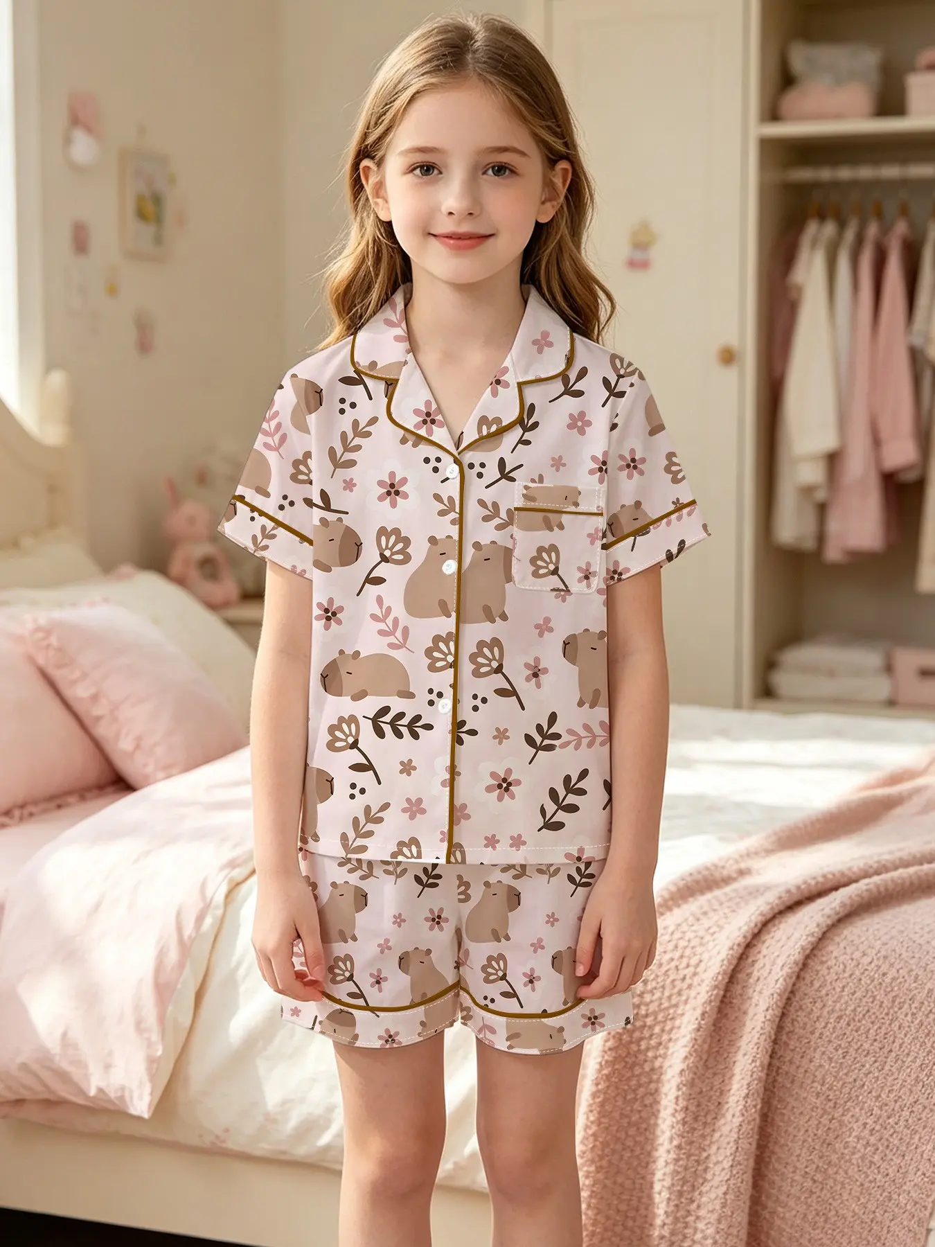 Girl Soft Cute Capybara Floral Pajama Set, All-Season Comfortable Sleepwear, Creative Cartoon, Casual College Style, Perfect Gift