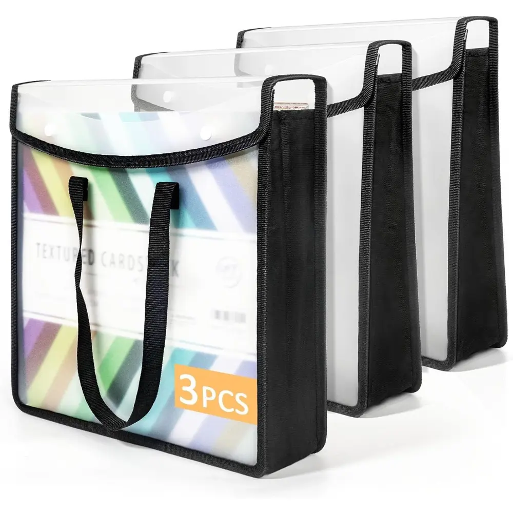 Set of Three Expandable Organizers for Storing Scrapbook Paper, Featuring a Black Folio Designed for 12 X 12 Sheets And Equipped with a Convenient Handle