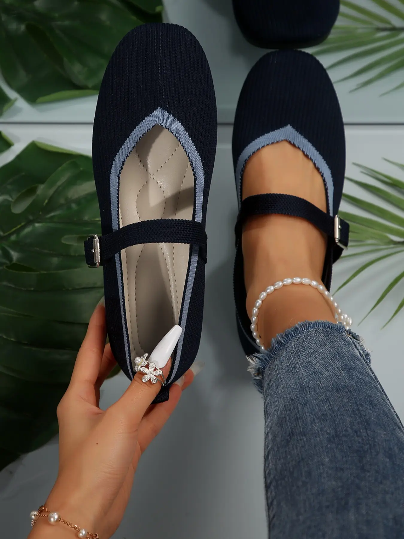 Women's Retro Colorblock Knit Mary Jane Shoes, Square Toe, Soft Rubber Sole, Breathable, Casual Daily Wear, Comfortable Low Heel
