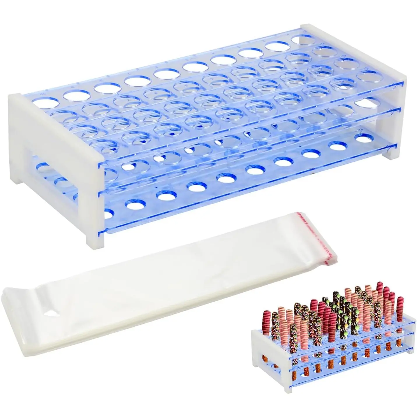 Pretzel Rod Holder with Pretzel Rod Bags Kit, 40 Holes Pretzel Rod Stand Holder with 100 count Clear Pretzel Rod Bags, Plastic Pretzel Sticks Holder for Christmas Wedding Birthday  Party