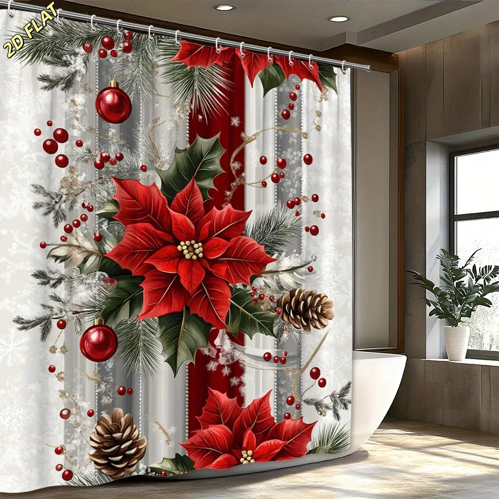 Red Christmas Poinsettia Shower Curtain with Balls, Pine Cones, Holly - Waterproof Poly, Mold Resistant Bath Privacy Curtain, Rustic Winter Xmas Decor for Bathroom