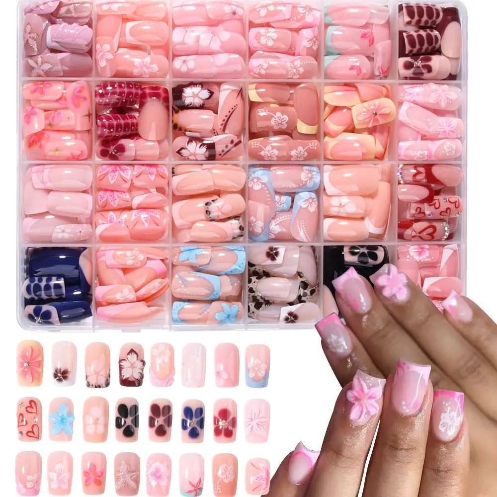 576pcs Floral Nail Stickers, Short Oval Nails, 3D Flower Design, Acrylic Material, Manicure Set, Gel Adhesive & File Included