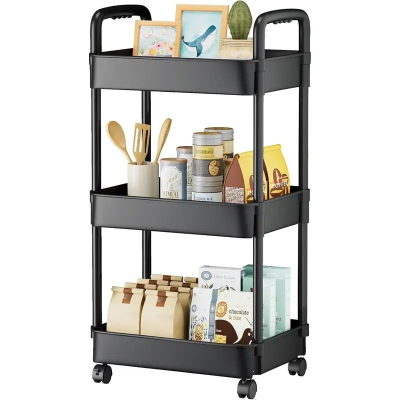 3 Tier Rolling Cart with Wheels, Plastic Diaper Cart Organizer with 4 360° Swivel Casters (2 Locking) for Baby Nursery, Bathroom and Kitchen