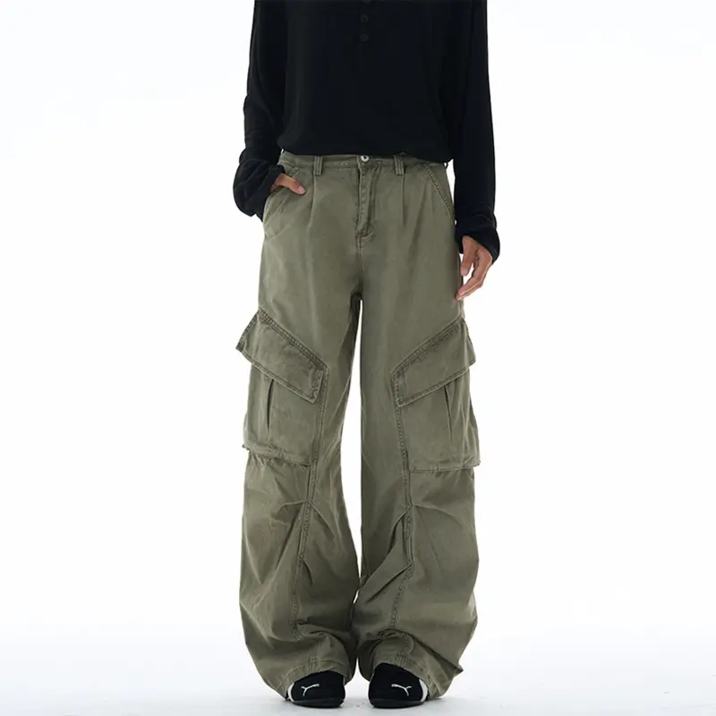 Wide‑Leg Cotton Cargo Pants Vintage Washed Straight‑Leg Trousers