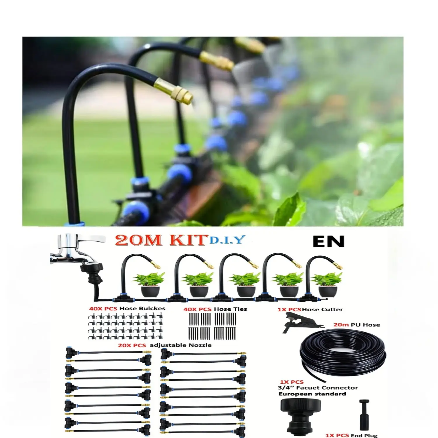 20m Micro Drip Irrigation Kit with Adjustable 7.87" Brass Mist Nozzle - Automatic Watering System for Efficient Balcony & Greenhouse Gardening, Euro-american Standard, No Electricity Required