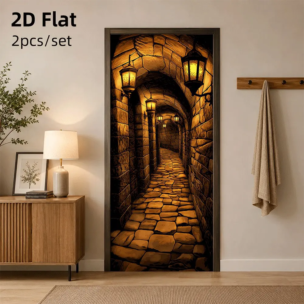 1pc Medieval Vintage Castle Stone Wall Door Sticker, Self-Adhesive Removable Decor for Bedroom, Living Room or Entryway, 2D Flat