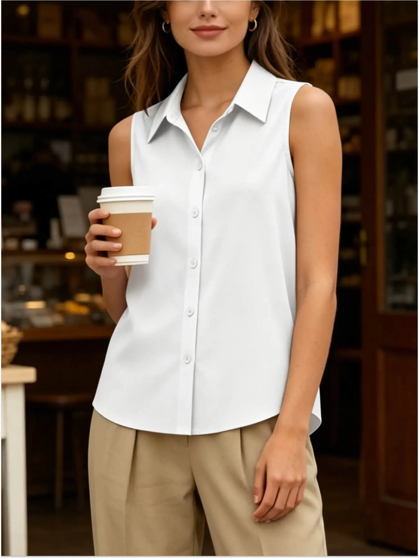 A fashionable women's collared sleeveless shirt Blouse with a single breasted hanging top for casual commuting, suitable for summer office commuting, outdoor picnicking, vacation travel