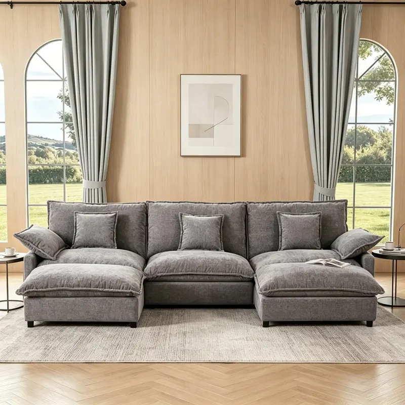 108" U-Shaped Modular Cloud Couch, 3-Seater Deep Seat Chenille Sectional Sofa, Comfy Fluffy Sofa with Movable Ottoman, Sturdy Steel Frame Support, Easy Assembly Oversized Lounge Sofa for Living Room, Family Room