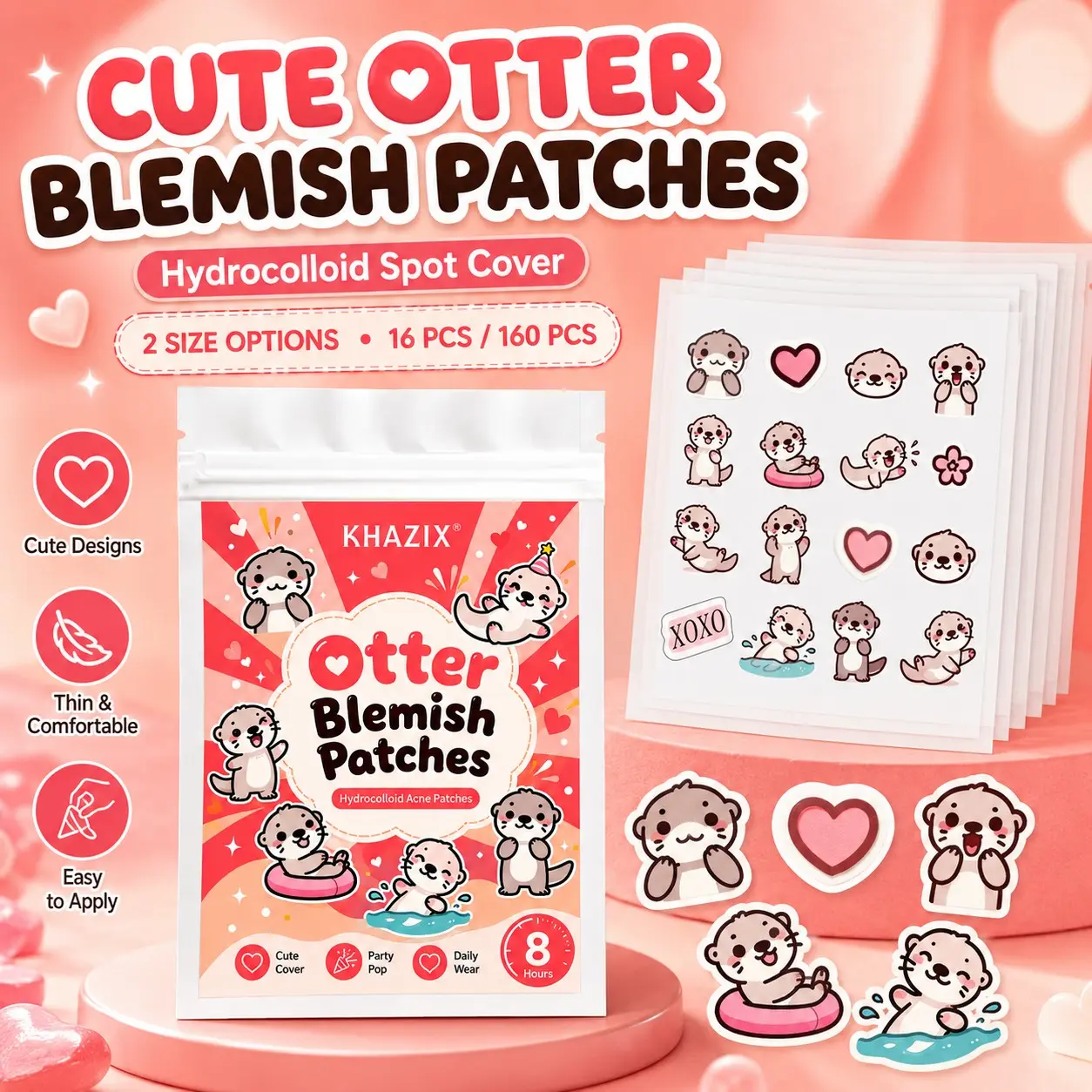 16/160 Cute Otter Acne Patches, Hydrocolloid Acne Patch, Invisible Blemish Cover, Waterproof Facial Care Patch, Day and Night Use