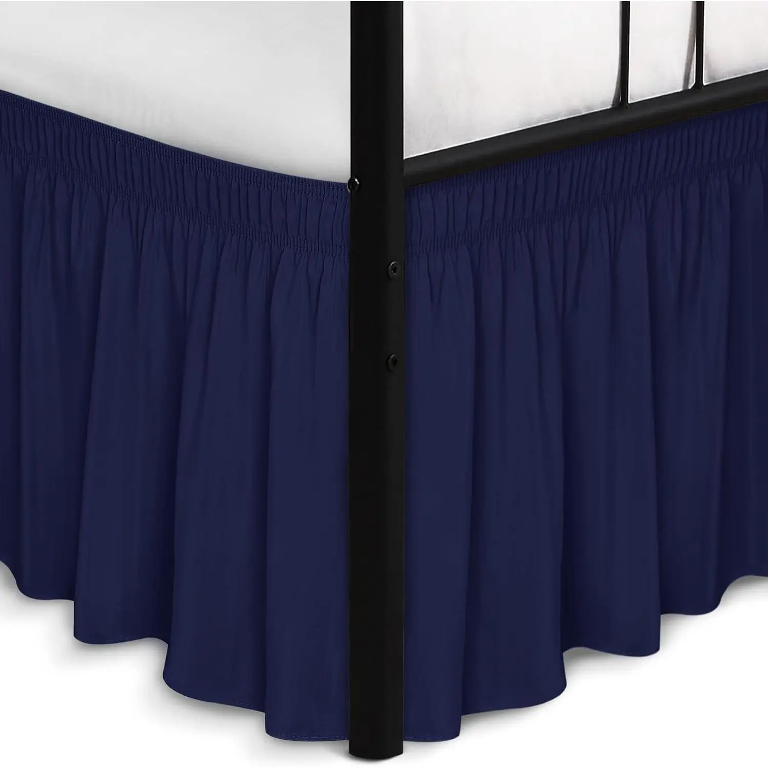 Wrap Around King Size Bed Skirt Split Corner 14" Drop-Elastic Dust Ruffle |   Navy Adjustable Pleated Bedskirt-Easy Fit Wrinkle Resistant Washable Fabric Bed Skirting-Master Guest Bedroom Couples Hotels