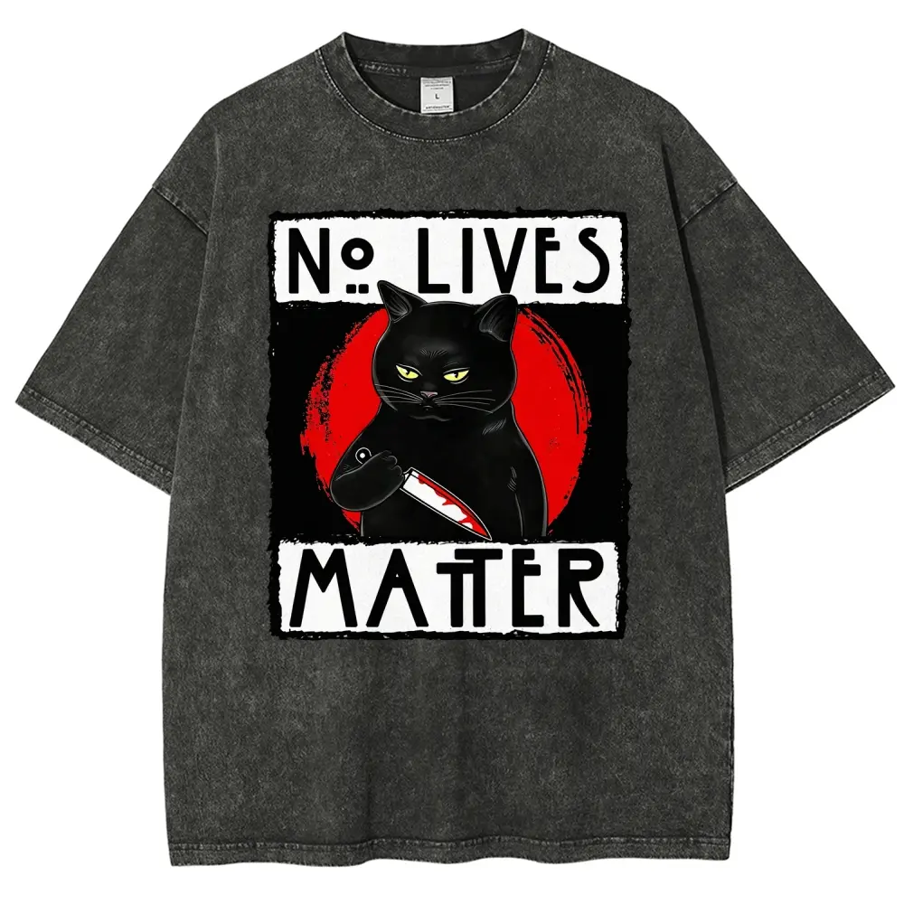 No Lives Matter Black Cat With Knife Washed Graphic T-Shirt, Funny Dark Humor Cat Print, Edgy Sarcastic Cat Lover Tee