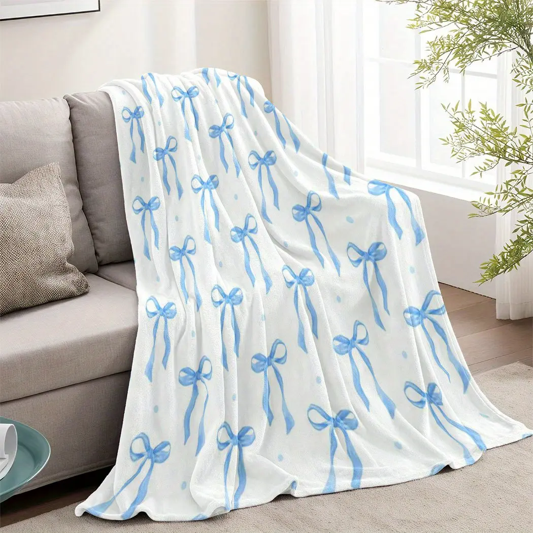 1pc Flannel Blanket, Blue Bow Pattern - Exquisite Design, Suitable for All Seasons for Naps, Office, Sofa, Car - Excellent Gift Choice, Durable Edges, Fun Shape, Small Throw Blanket-280GSM