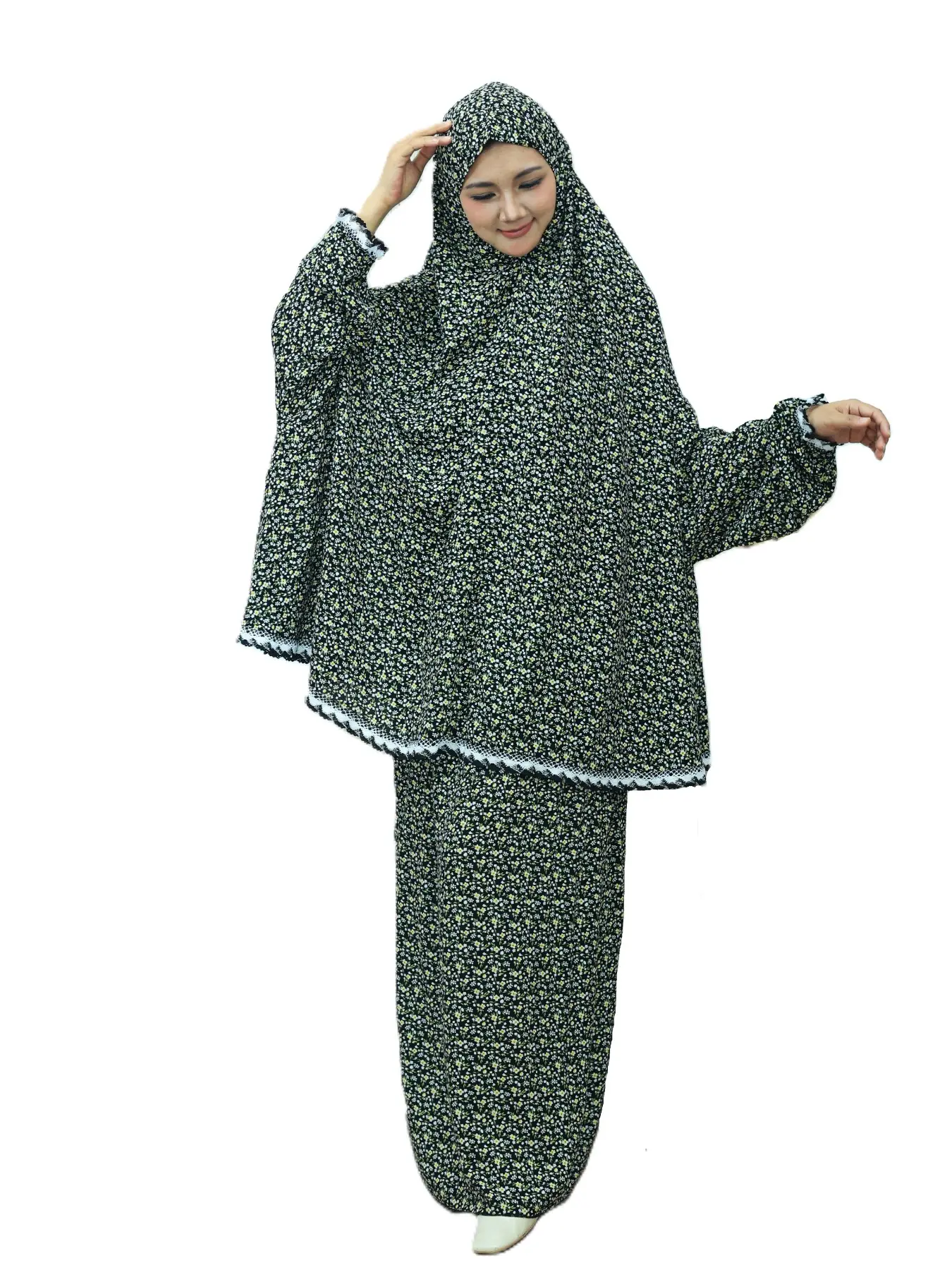 Daisy Print Muslim Modesty Prayer Dress Set, Headscarf Included, Loose Lace Edge, Daily/worship Wear, Traditional Long Sleeve Suit