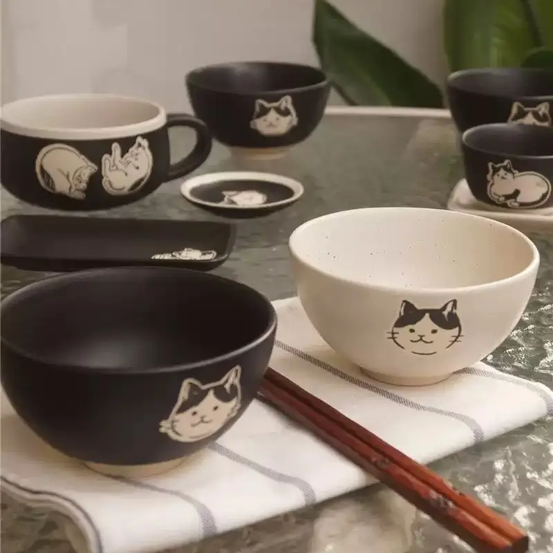 2 Piece Set Japanese Underglaze Coarse Porcelain Rice Bowl, Durable Small Ceramic Bowl, Unique Cat Bowl, Grain Bowl, Yogurt Bowl