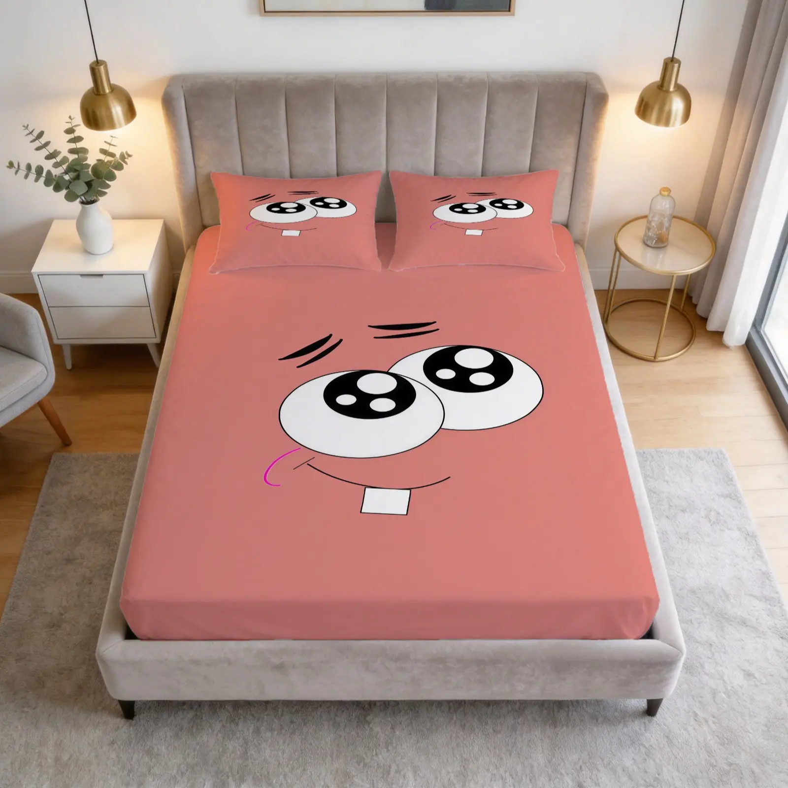 3-Piece Set Of Pink Cartoon Emoji Patterned Bed Sheets, Including 1 Bed Sheet And 2 Pillowcases, Soft And Comfortable Bedding, Anti Slip Dust Cover, Suitable For Bedrooms And Guest Rooms, Bedsheet Set