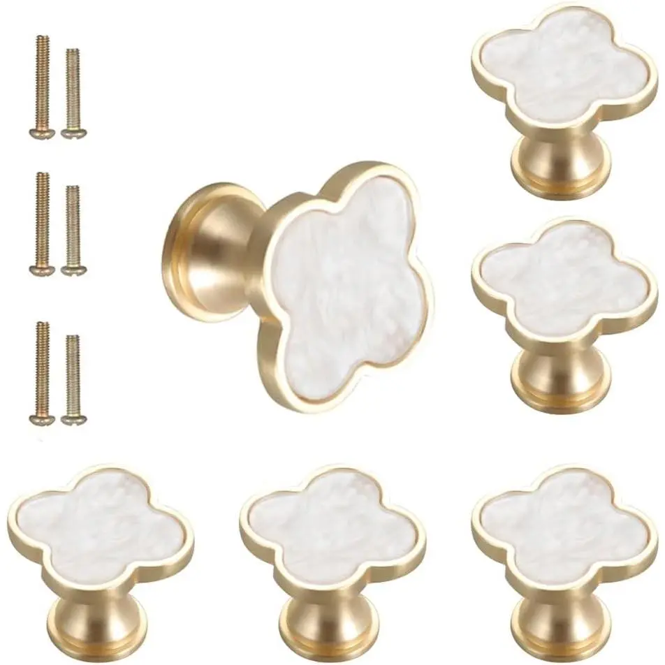 6 Pcs Brass Four-Leaf Clover Cabinet Knobs - Gold Zinc Alloy Single Hole Drawer Door Pulls for Kitchen Bathroom Dresser Wardrobe Furniture, Decorative Handles (White)Gift