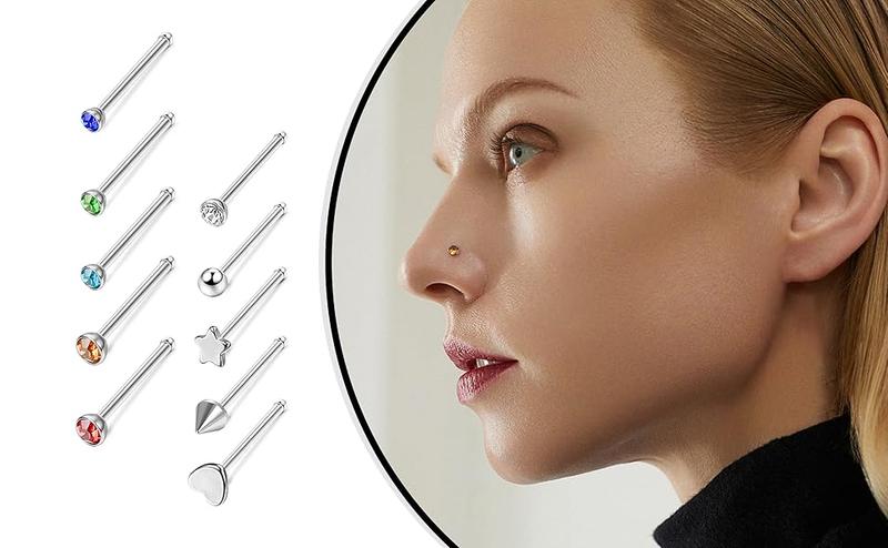 FIBO STEEL 200 Pcs 316L Stainless Steel Nose Ring Studs Set for Women Men Nose Hoops L Shaped Screw Bone Nose Studs Ring Nose Piercing Jewelry