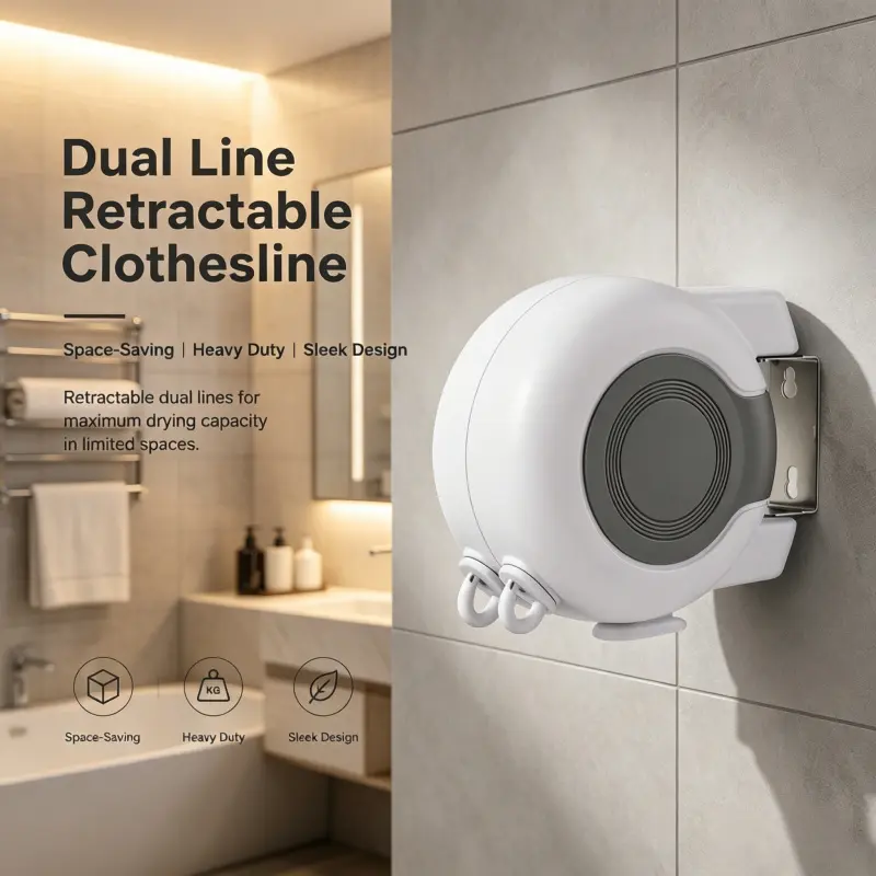 Adjustable Retractable Double Clothes Line with Modern Housing, Space Saving Hidden Installation Design, Ideal for Small House Indoor Balcony Laundry Drying
