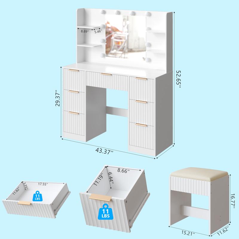 Ktaxon Pink Modern Fluted Makeup Vanity Desk with Mirror Lights Power Outlet 7 Drawers 4 Shelves Charging Station for Bedroom