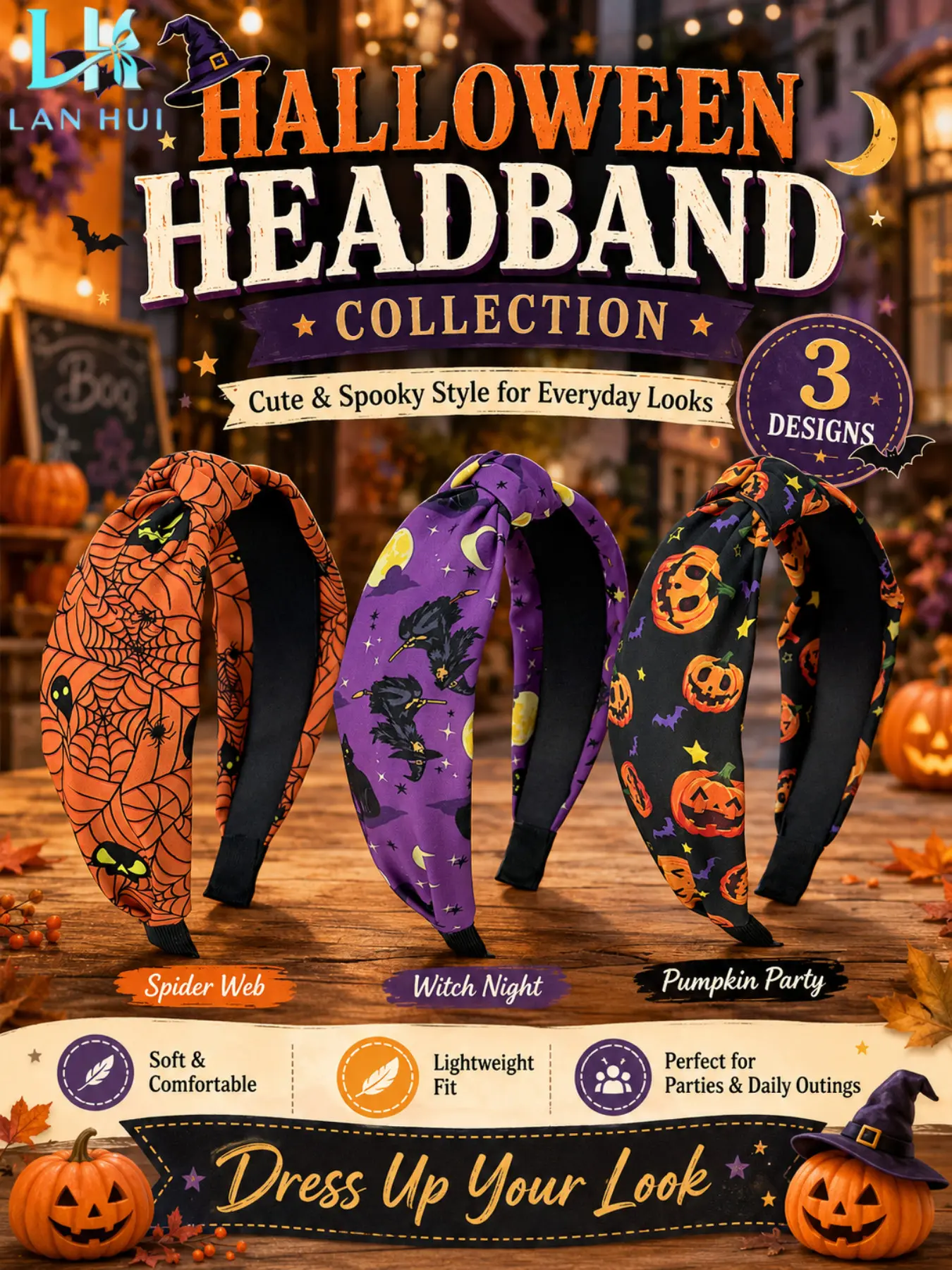Halloween Twist Knot Headbands Set, Pumpkin Spider Web Ghost Printed Fabric Hair Hoops, Spooky Cute Hair Accessories for Holiday Costume Daily Outfit