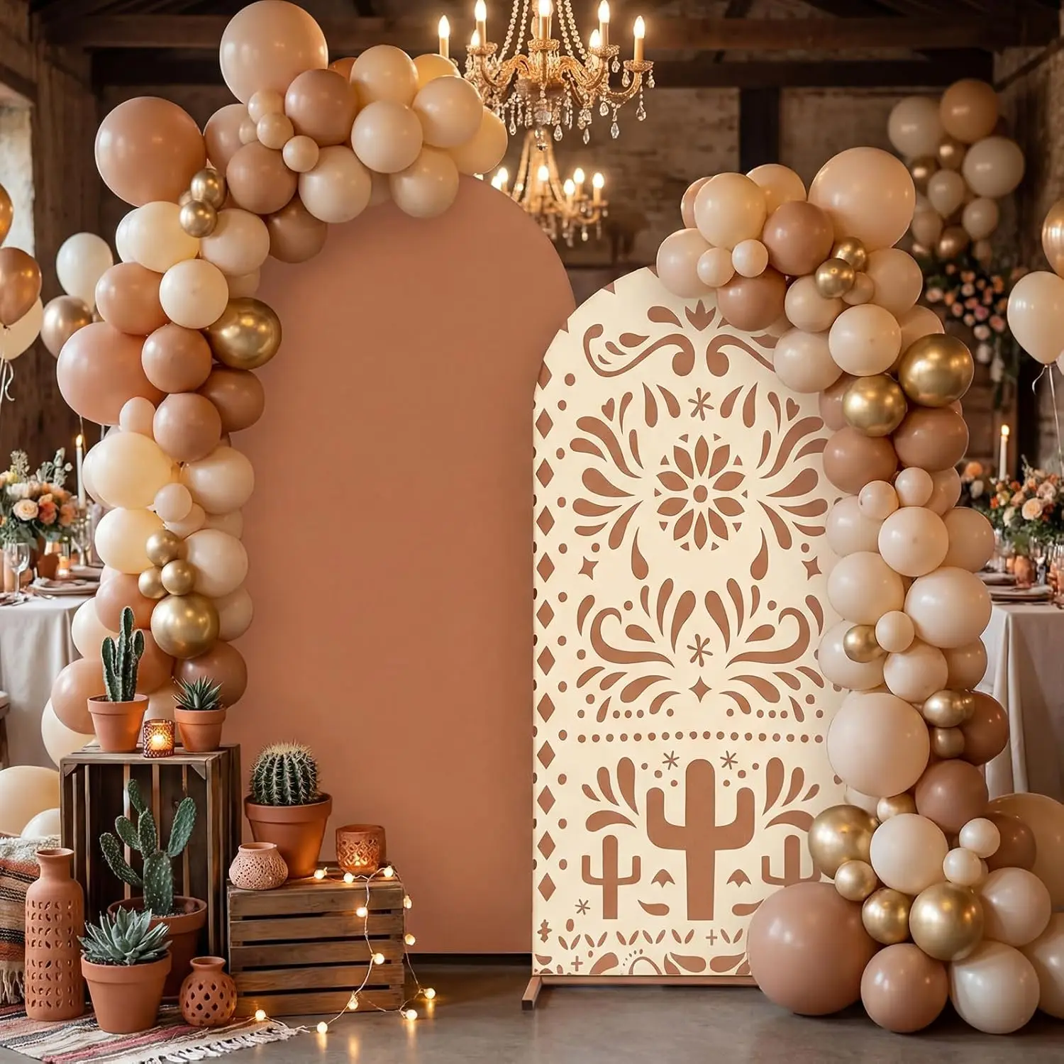 Tegeme 2-Pack Traditional Floral Spandex Arch Covers, Stretchy Fabric Backdrop Banners for Cielito Lindo Party Photo Decorations (Brown), Party Decor, Two Sizes