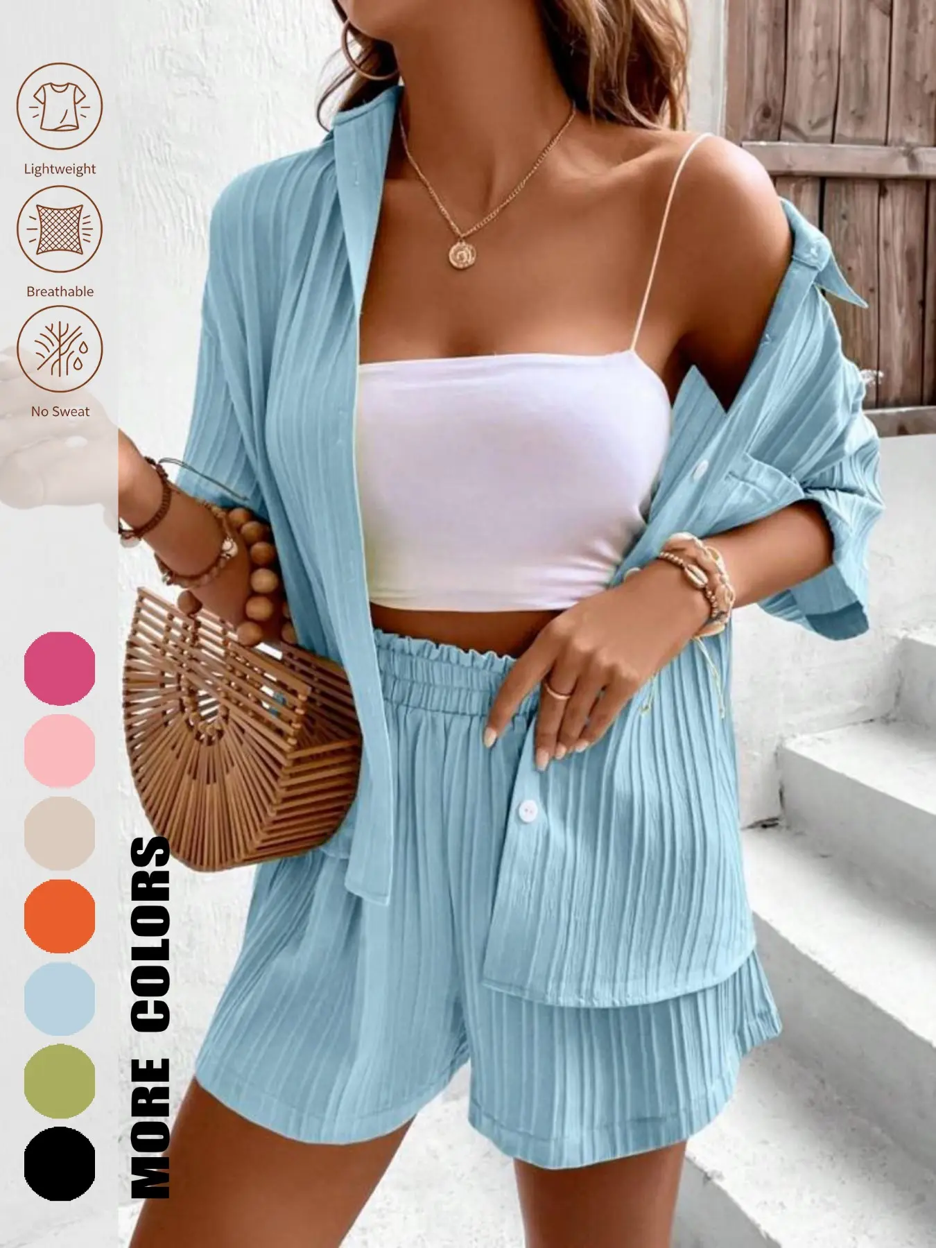 Women's Fashion Casual Sporty Short Sleeve Shirt & High Waist Shorts Two-Piece Set, Loose-Fitting Plain Above the Knee Matching Outfits