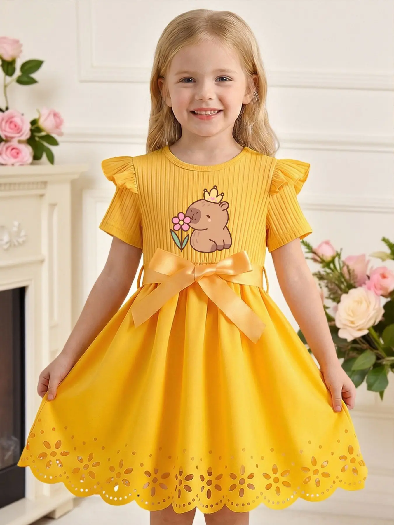 Girls' Cartoon Cute Capybara Dress with Crown, Floral Print, Bow Belt, Round Neck, Short Sleeve, Hollow Out, Casual Style