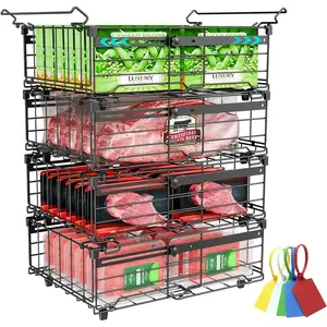 Deep Freezer Organizer Bins, Expandable from 11.0" to 17.0" Stackable Freezer Baskets for Chest Freezer with 5 Tags, Bins for Chest Freezer Organization - 4 PCS, Black