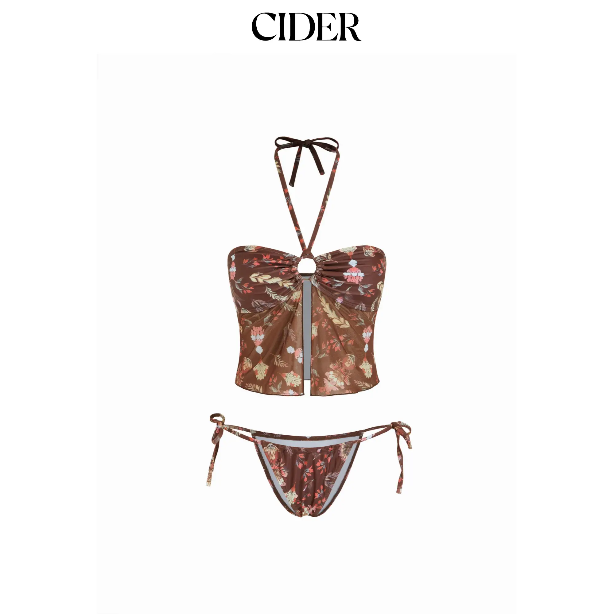 Cider Halter Neckline Floral Ring Linked Bikini Set