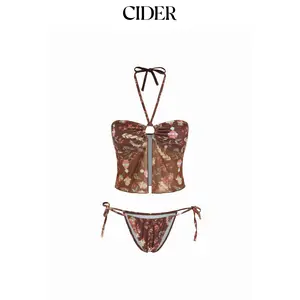 Cider Halter Neckline Floral Ring Linked Bikini Set