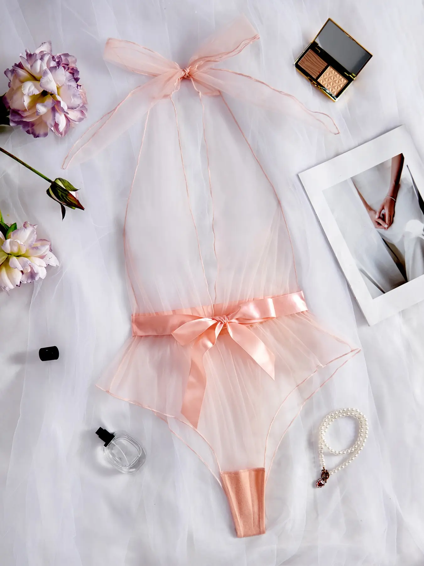 European and American Lingerie Lace Mesh Bodysuit, Sheer Butterfly Knot, Sexy Slim-Fitting Romper, All Seasons, Underwear Bodysuits