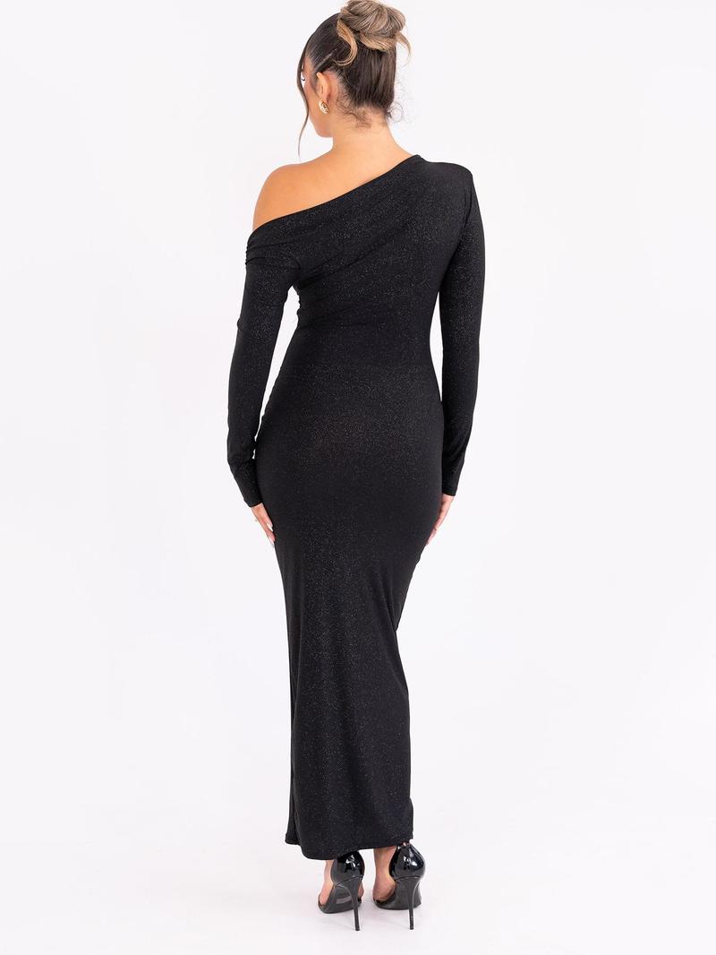 Women's Glitter Ruched Asymmetrical Neck Dress, Elegant Long Sleeve Dress for Party Club Dating Wear, Formal Ladies Clothes for All Seasons