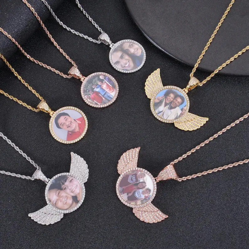 Personalized Angel Wings Photo Pendant: Diamond Studded Custom Necklace, Personalized Engraved Photo Necklace, Hip Hop Iced Out Rhinestone Round Photo Locket, Memorial Gift for Men Women