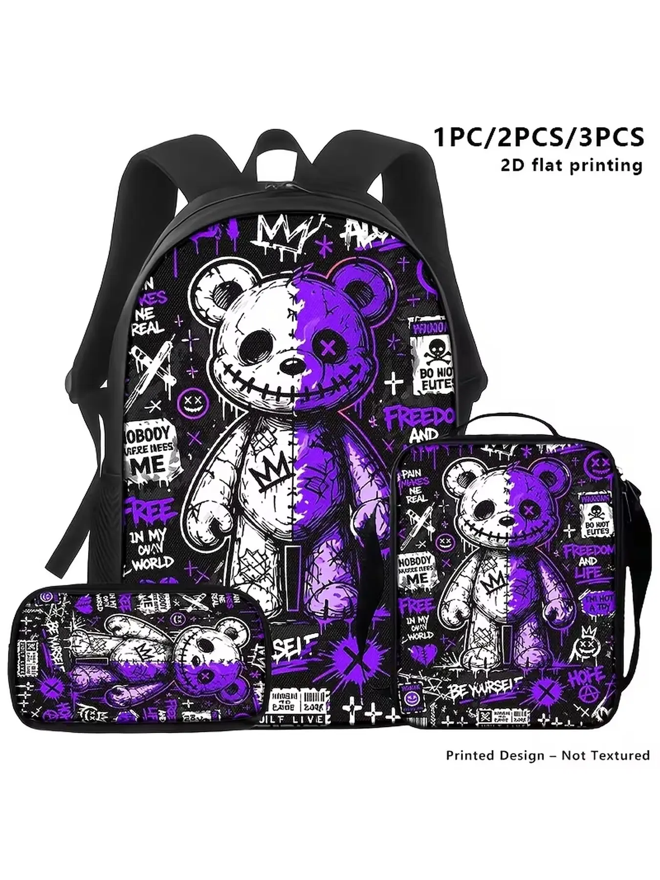 Halloween 3PCS Gothic Voodoo Teddy Bear Backpack Set, Dark Punk Horror Print Backpack with Lunch Bag Pencil Case for Boys Girls Teens