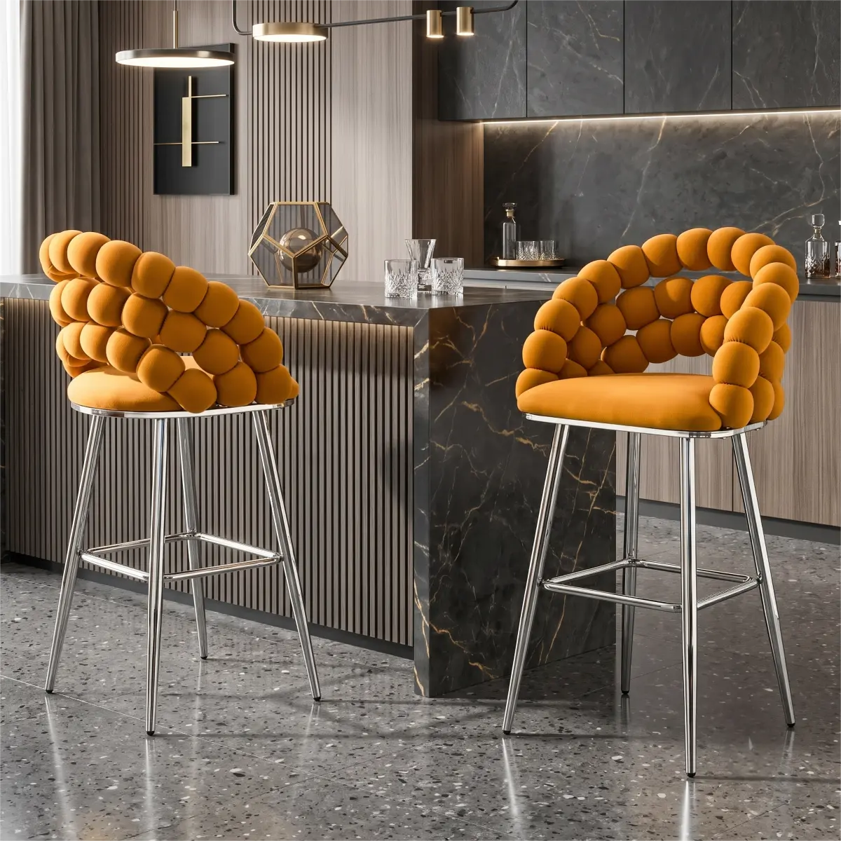 2-Pack Orange Velvet Bubble Cloud Backrest Counter Stools - 22.00" L×14.20" W×42.50" H, Chrome Silver Metal Frame, 300lbs Load, Stackable, Indoor Chairs for Kitchen Island, Home Cafe