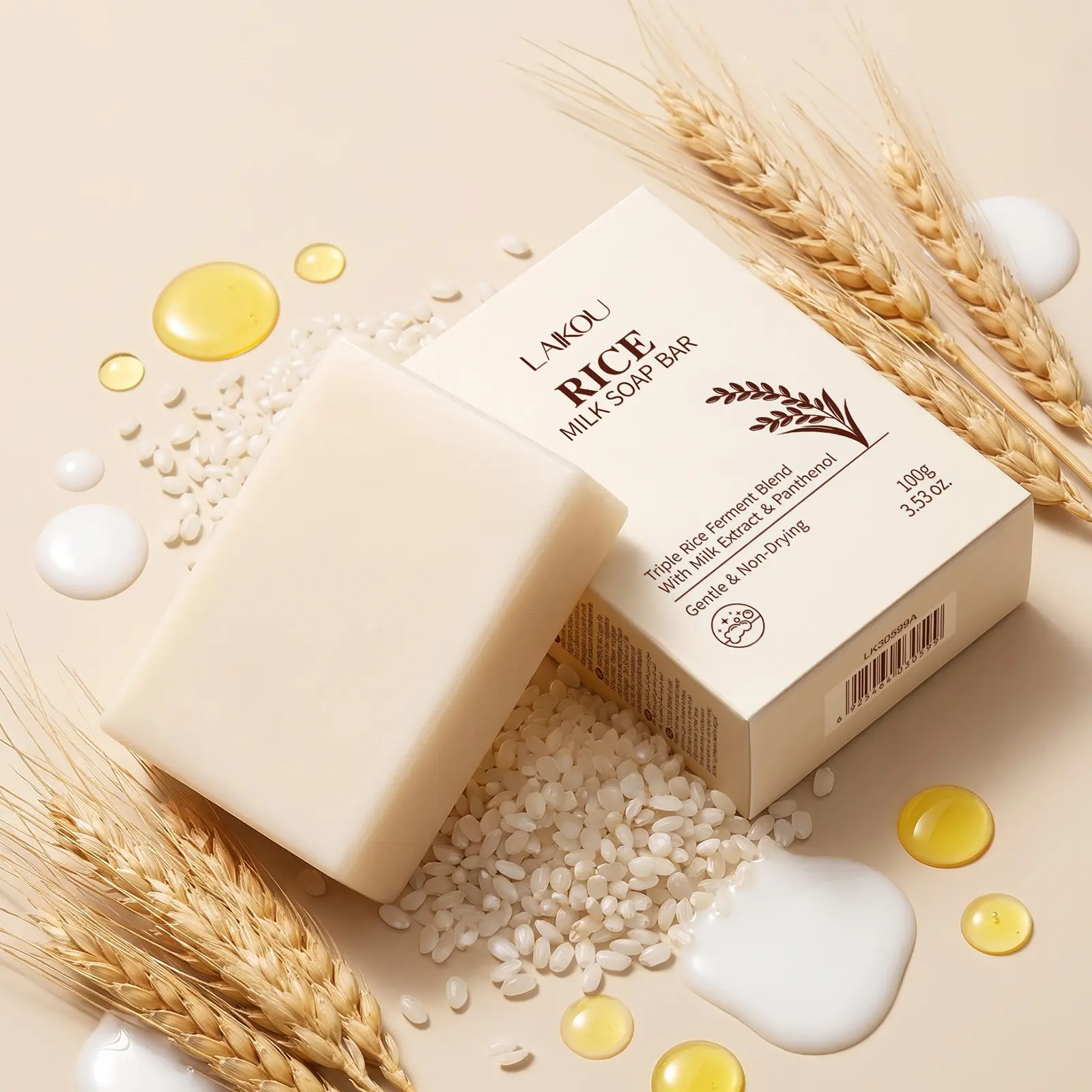 LAIKOU Rice Milk Soap Bar - Hydrating Body & Face Cleansing Bar with Fermented Rice Water, Milk Extract, Shea Butter & Panthenol, Gentle Non-Drying Soap with Mesh Pouch, 100g / 3.53 oz