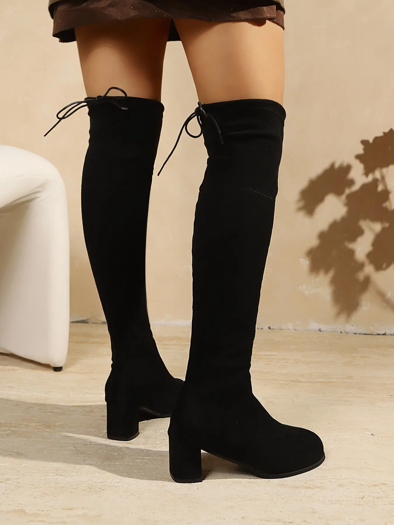 Women's Stretch Over-The-Knee Boots, Chunky Heel Back Tie, Slimming Fall Winter Daily Wear, Tall Boot Style