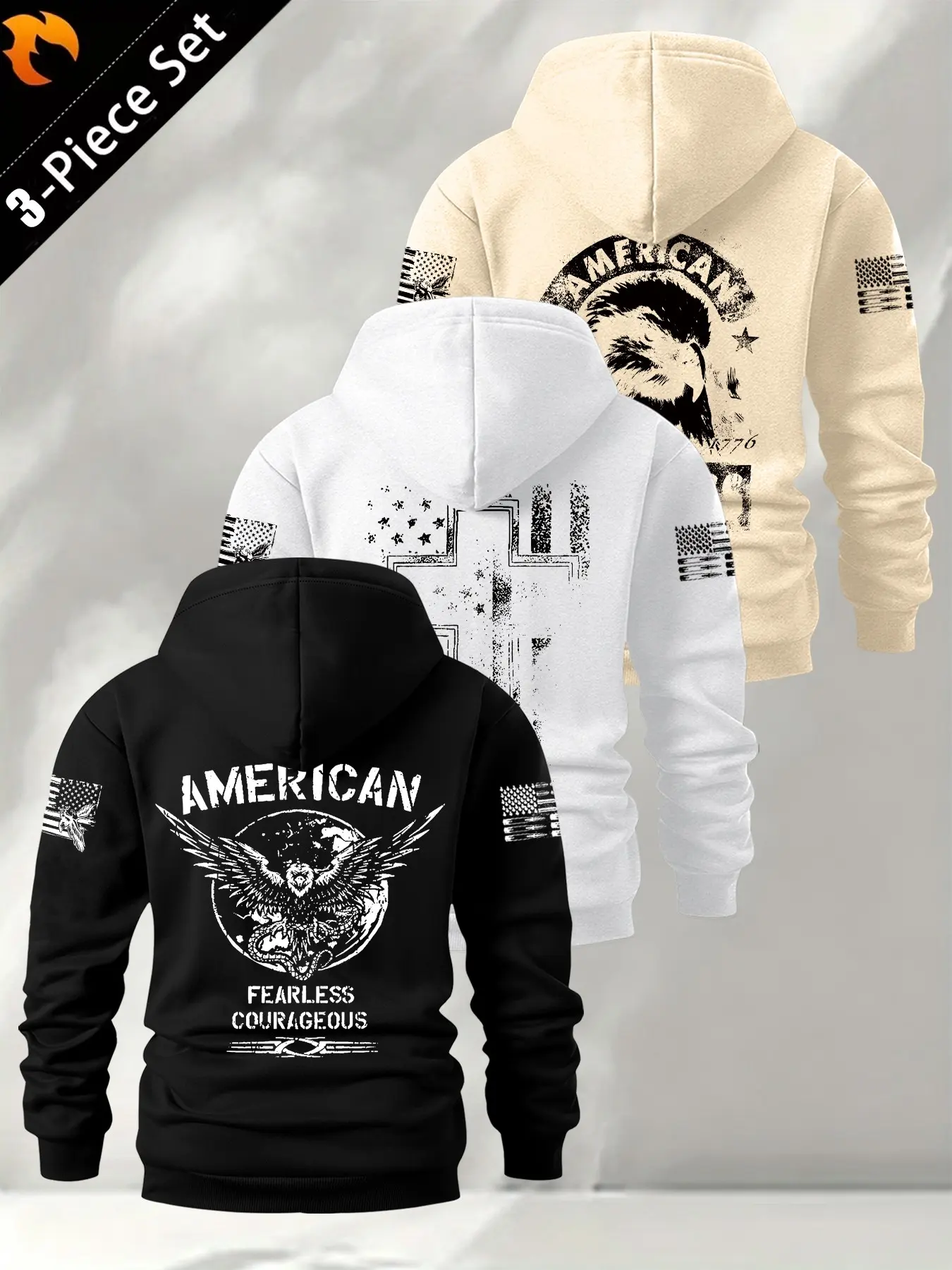 Three-Piece American Eagle Flag Print Hoodie Set, Vintage Patriotic British Cleanfit Style, Loose-Fit Drop Shoulder Men's Outdoor Casual Top